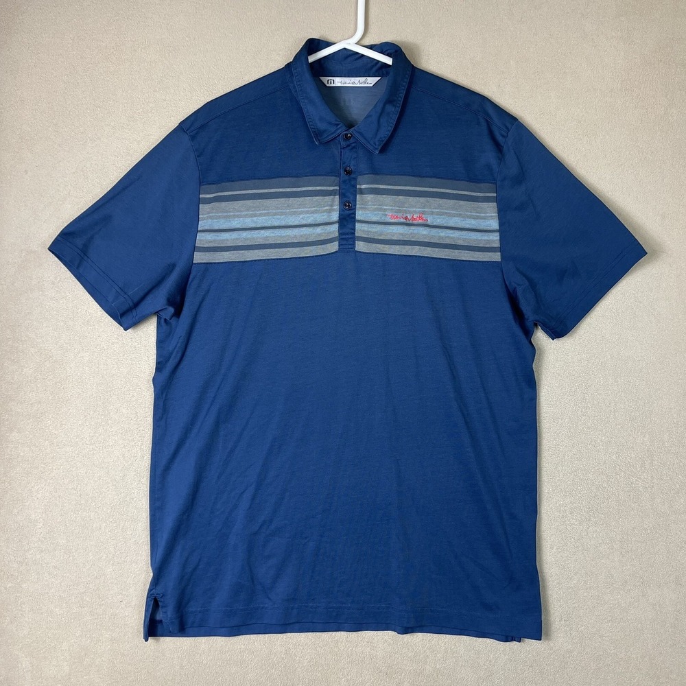 TravisMathew Polo Shirt Mens XL Blue Striped Chest Pima Cotton Blend EUC